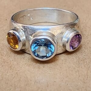 3 stone, Sterling silver ring with topaz, amethyst and amber sterling silver rin